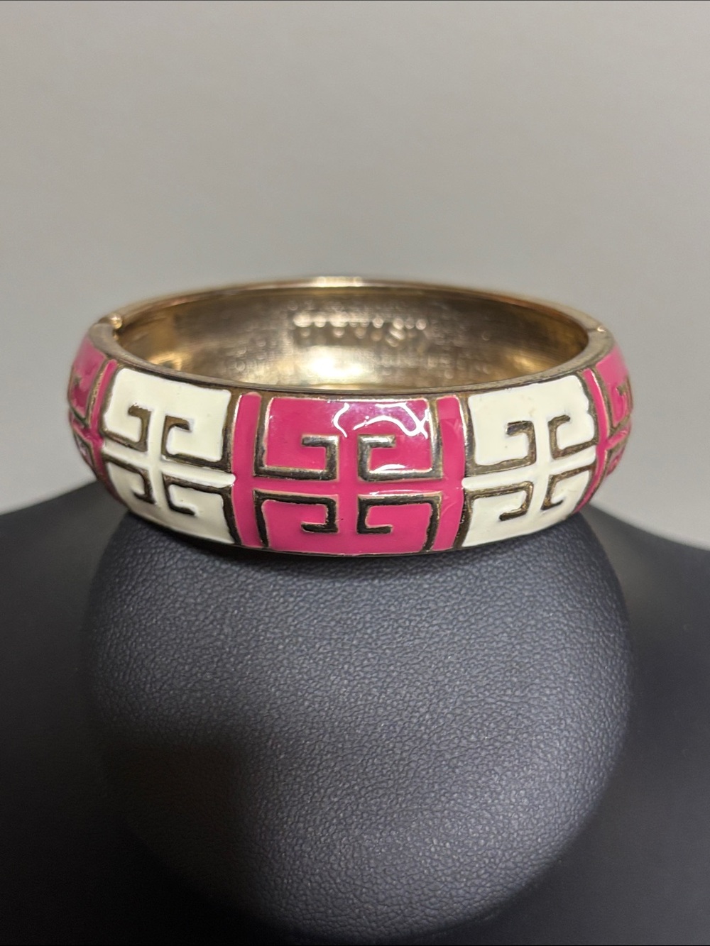 Fornash Pink White Enamel Geometric Clamper Bangle Bracelet